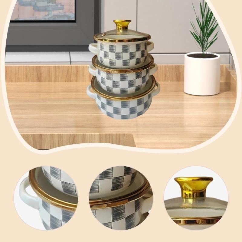 652F Pack of 3 Multifunctional Enamel Pot Suitable All Dishes Healthy User Friendly Materials Simple Maintenance Daily Use