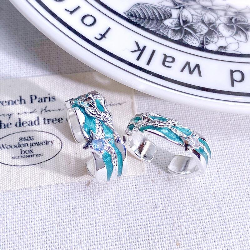 Mint Green Enamel Starry Open Ring Women'S Personality Niche High Sense Light Luxury Irregular Fashion Ring