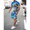 3D Wolf Print Blue Base Summer Men Short Sleeve Suit Short Sleeve Shorts 2 Pieces Casual Fashion Street Clothing