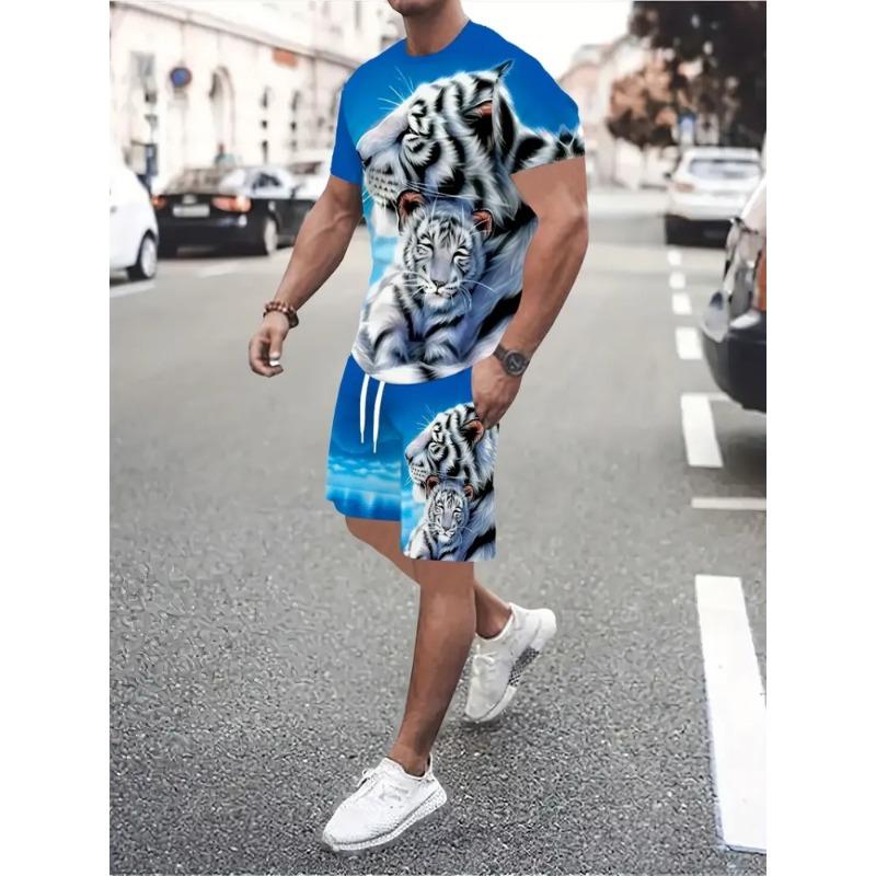 3D Wolf Print Blue Base Summer Men Short Sleeve Suit Short Sleeve Shorts 2 Pieces Casual Fashion Street Clothing