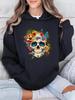 Simple And Trendy Cartoon Flower Skull Pattern Graphic Print Hoodie, Drawstring Casual Hooded Sweatshirt for Fall & Spring, Women'