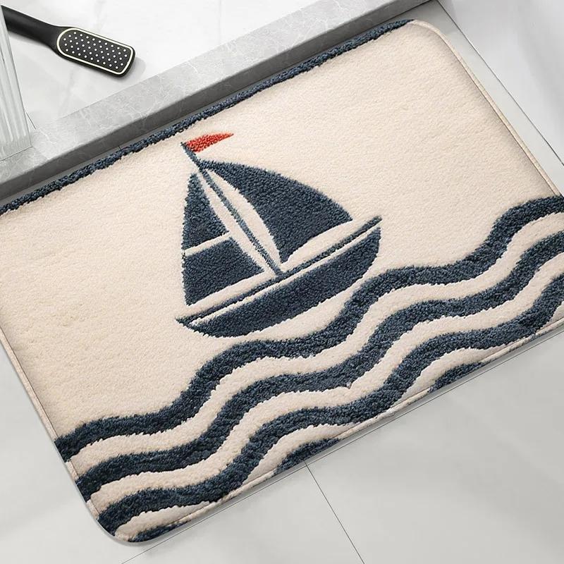 Seaside Series Bathroom Anti Slip Floor Mat, Shower Room Small Carpet, Washbasin Absorbent Foot Mat Modern Decorative Carpet