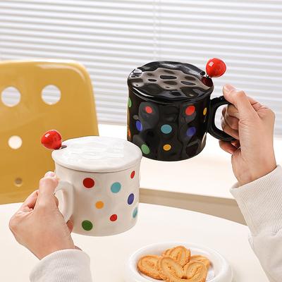 Simple Colorful Polka Dot Ceramic Cup with Lid Spoon Water Cup Nordic Style Couple Mug  Office Coffee Cup