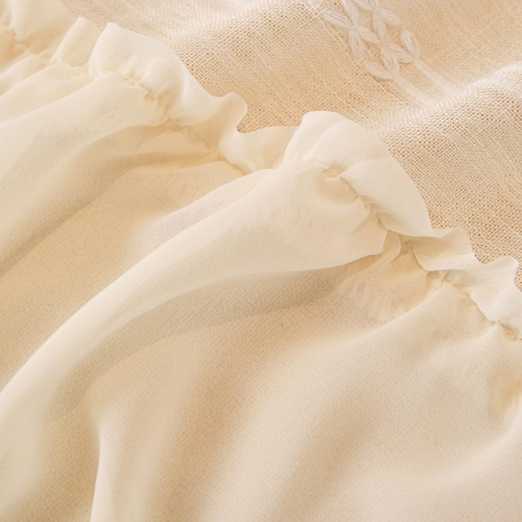 Solid Color Embroidered Sofa Towel with Lace Edge Ruffle Hem, Linen-Like Fabric Home Decor Universal Sofa Cover for Living Room