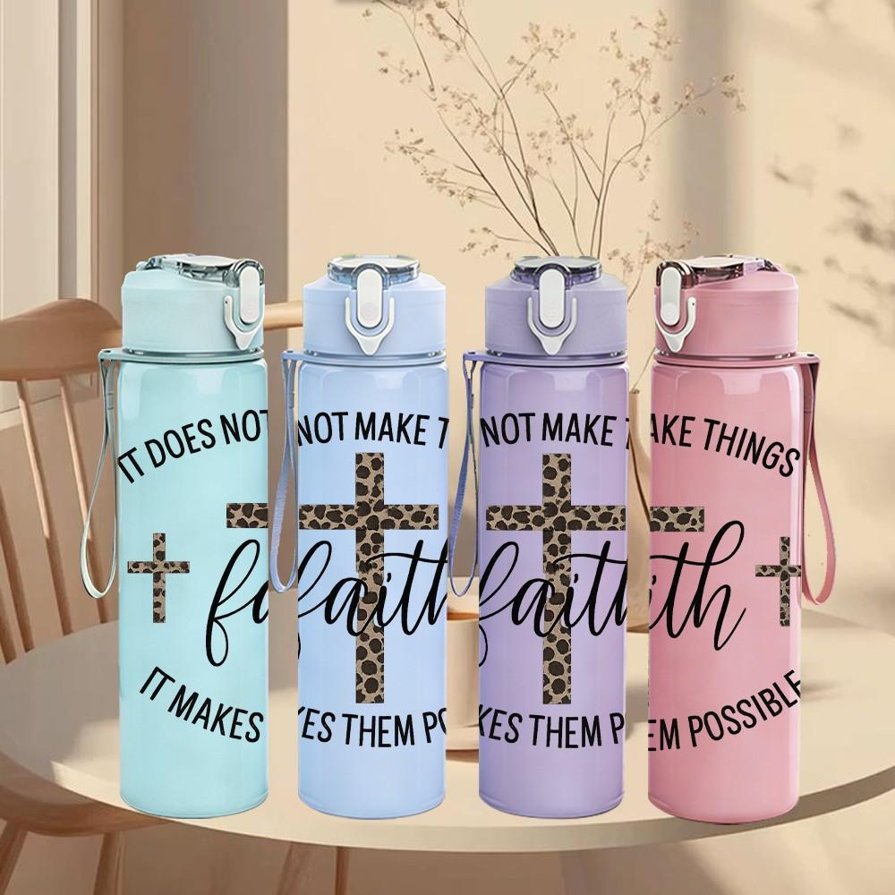 1PC Faith Cross Religious Letter Art 750ml Color Plastic Sports Water Bottle Leakproof Flip Straw Lid Suitable for Sports Office Home Use
