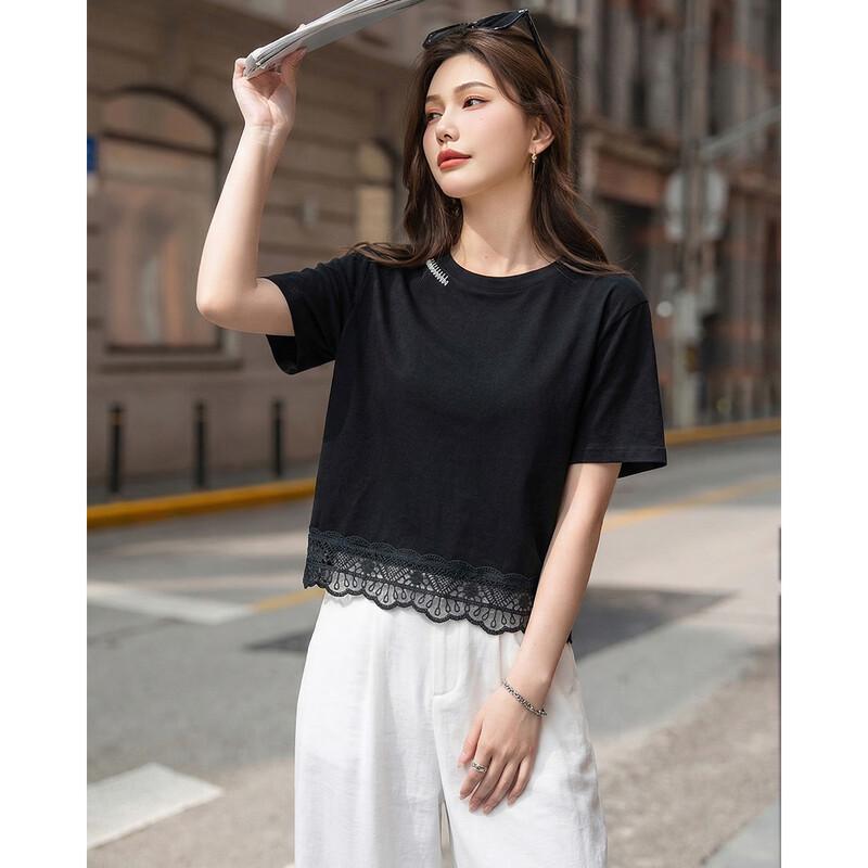 TERRE BLEUE Women s Lace Patchwork Short-Sleeve T-Shirt L