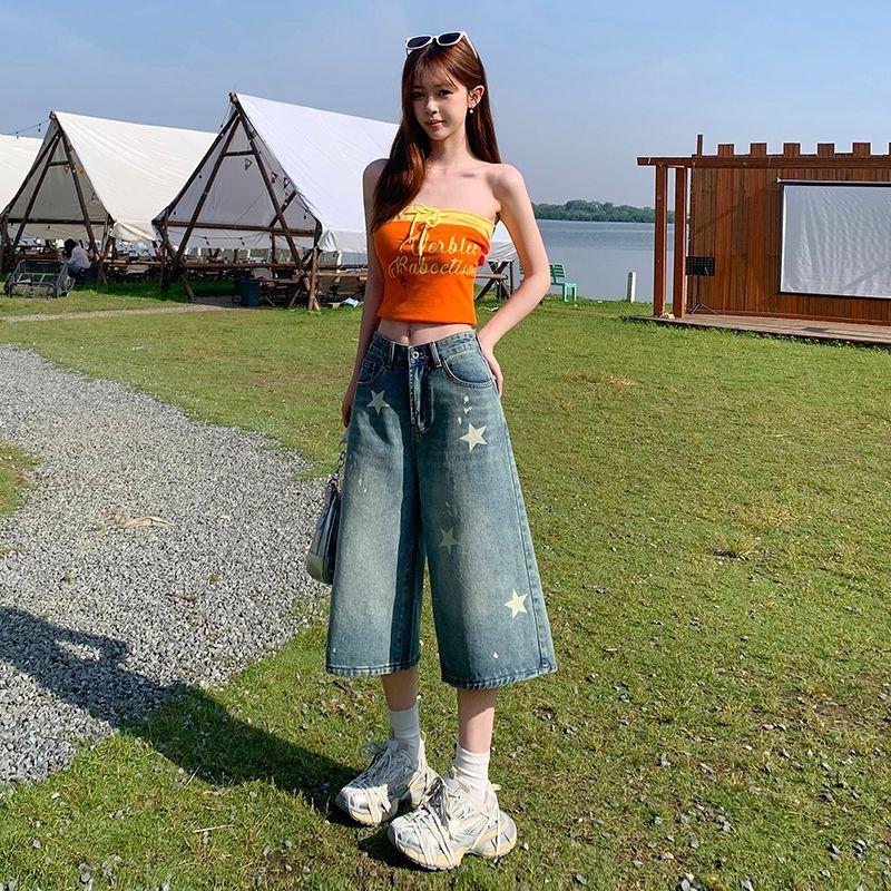 Fashion Summer Vintage Star Printed Denim Shorts For Women Thin Fabric High Waist Wide Leg Cropped Capri Pants Versatile Loose Straight Slimming