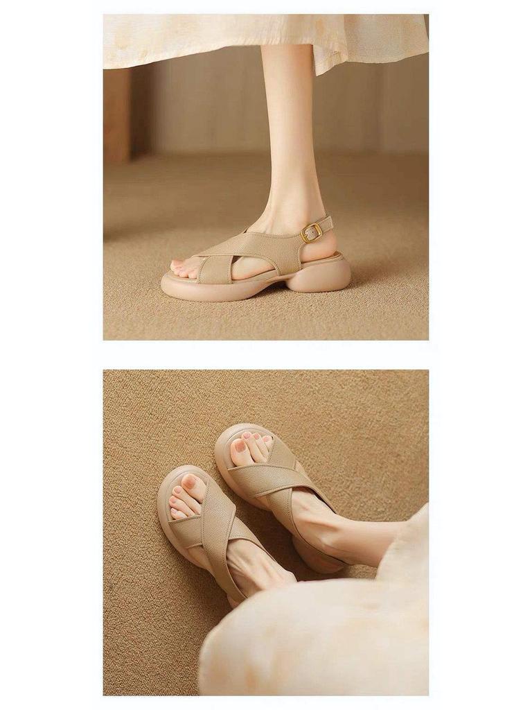 2025 Damen Sommer Französische Weiches Leder Peeptoe Sandalen mit Überkreuzriemchen und Dicken Sohlen