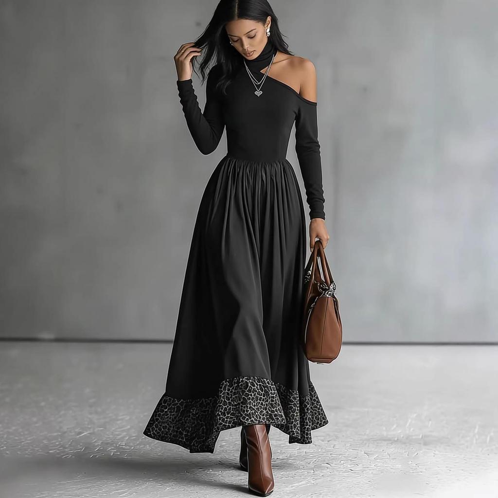 2026 European and American Women's Patchwork Slim High Collar Elegant Long Dress