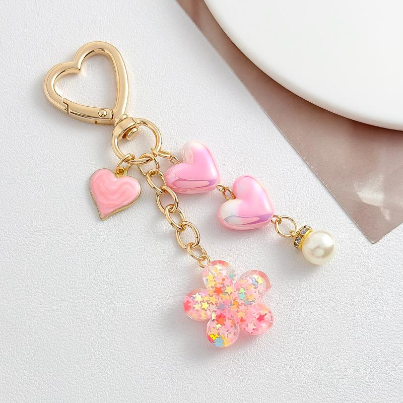 Pink Love Heart Key Chain Pearl Flower Pendant Key Ring Pendants For Women Girls Handbag Decor Jewelry Gift
