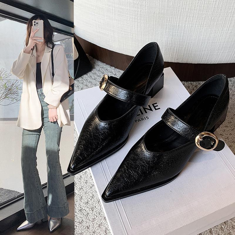 Fashion 2025 Spring New Low Heel Shoes Women's Pointed Head Shallow Mouth Metal Buckle Soft Sole Non-slip Low Top Shoes