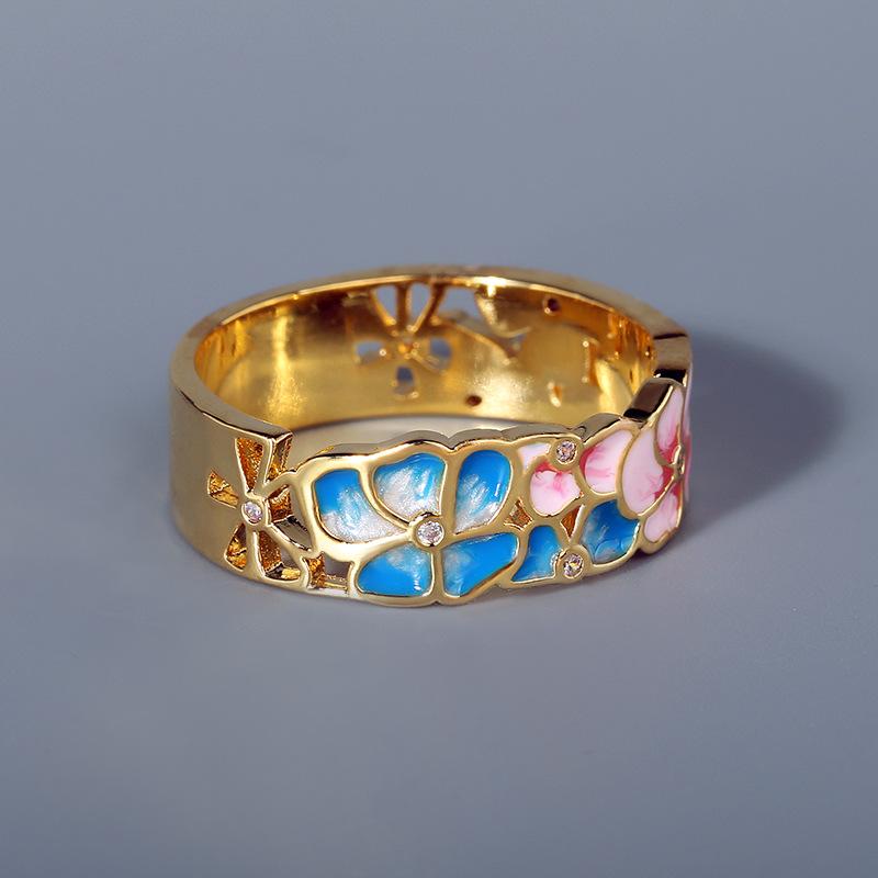 925 Nádherný a elegantní květinový smaltovaný visací dámský prsten růžový modrý epoxidový zásnubní svatební šperk