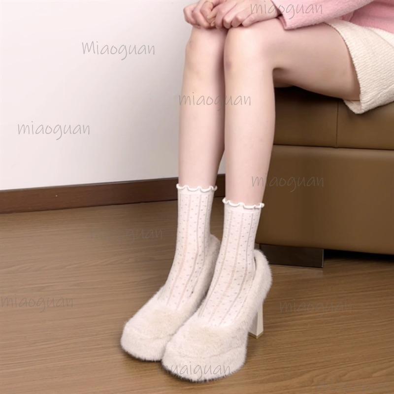 Autumn Winter 11CM High Heel Pumps for Women Platform Fur Shoes Women's Warm Chunky Heel Slip-on Fashion Footwear Beige Size34