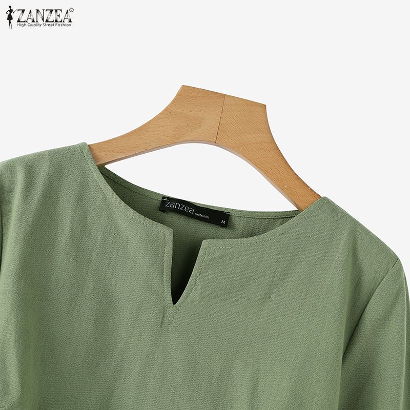 ZANZEA Women Casual V-neck Solid Color Loose 3/4 Sleeve Cotton Blouse