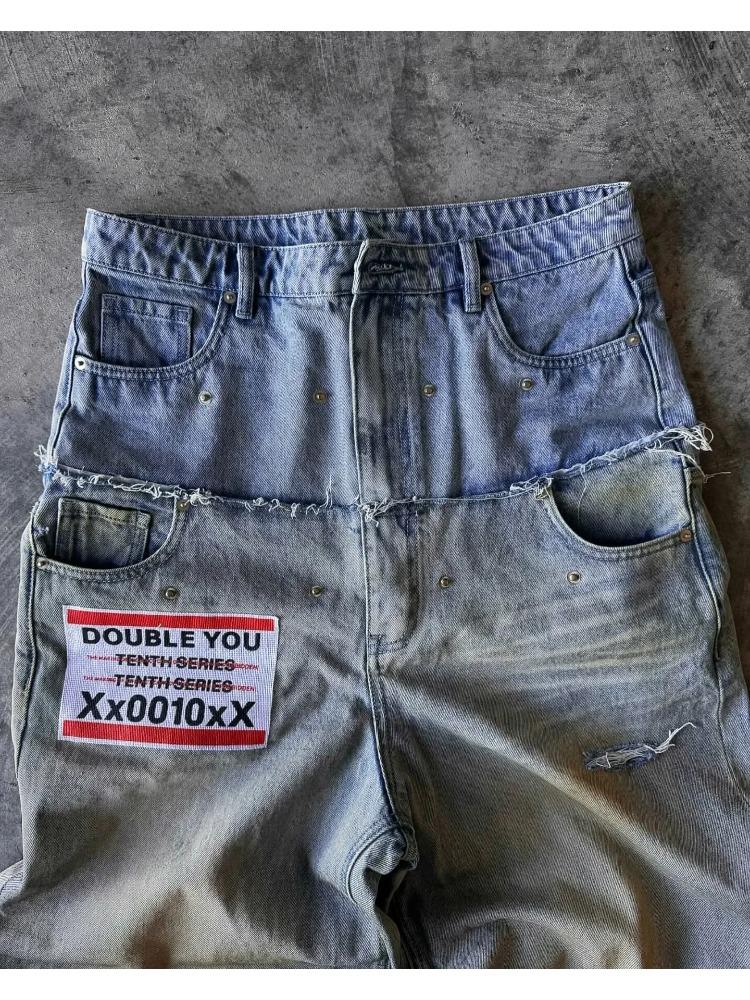 Pánské džíny s potiskem hip hopu, stylové, s potiskem písmen, Y2k, goth, punk, Harajuku, roztrhané, s širokými nohavicemi, retro, volné, rovné, s dvojitým pasem