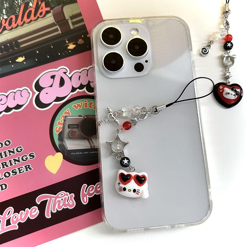 Cute Hello Kitty Mobile Phone Chain Punk Cat Keychain Pendant Anti-Lost Lanyard Phone Wrist Hanging Chain Earphone Camera Chain