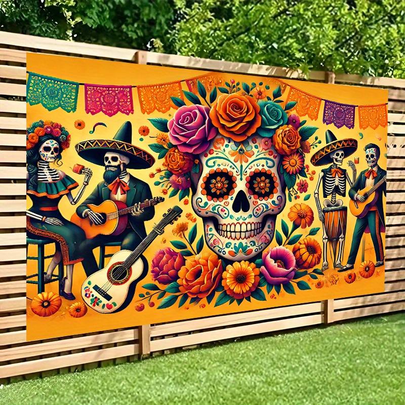 The background banner of the Day of the Dead Carnival - vibrant polyester wall coverings, colorful skulls and floral designs