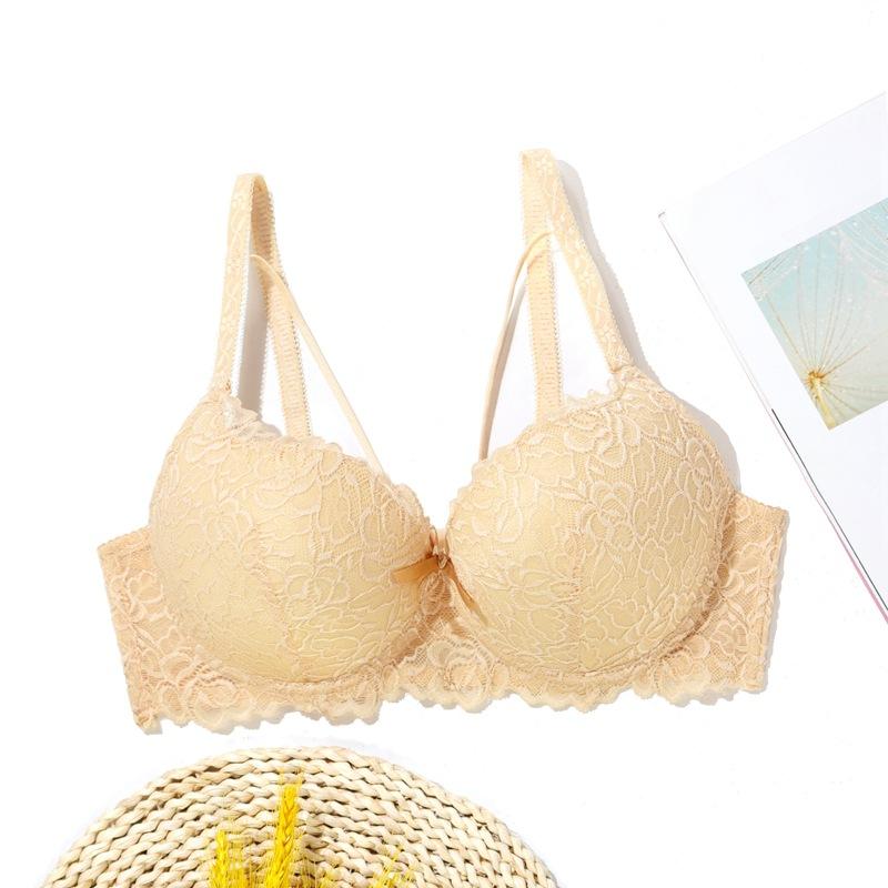 Top thin bottom thick women's small size underwear sexy lace bow sponge gathered bra steel ring pure desire wind bra