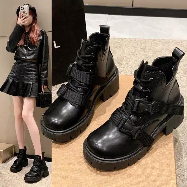 Muffin bottom retro lace-up round head thick-soled short boots women's autumn new thick-heeled British locomotive boots