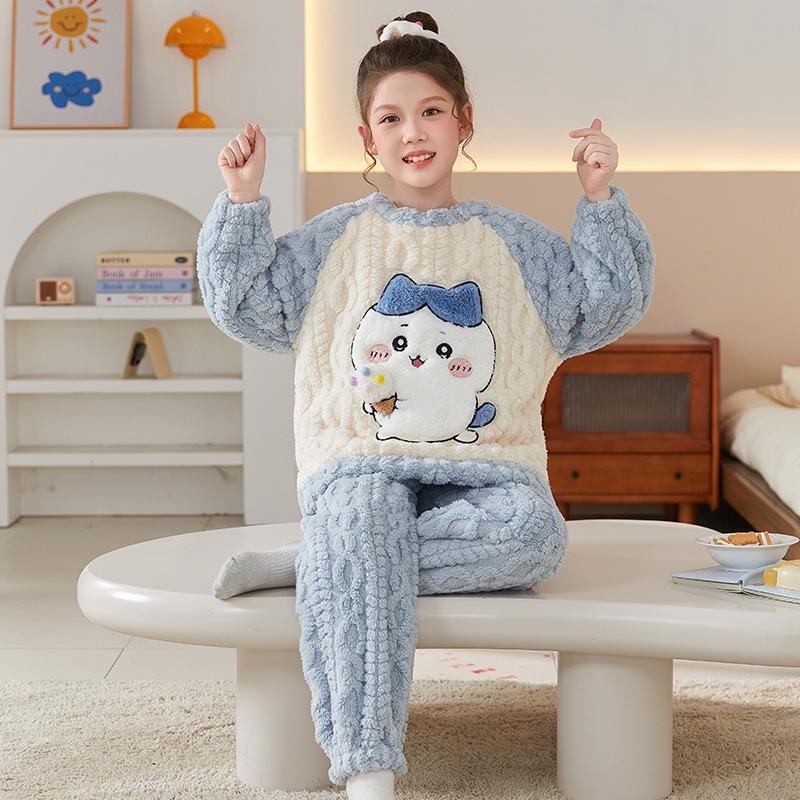 Kids Flannel Pajamas Set Boys Girls Warm Long Sleeve Top And Pants Sleepwear Winter Home Nightwear