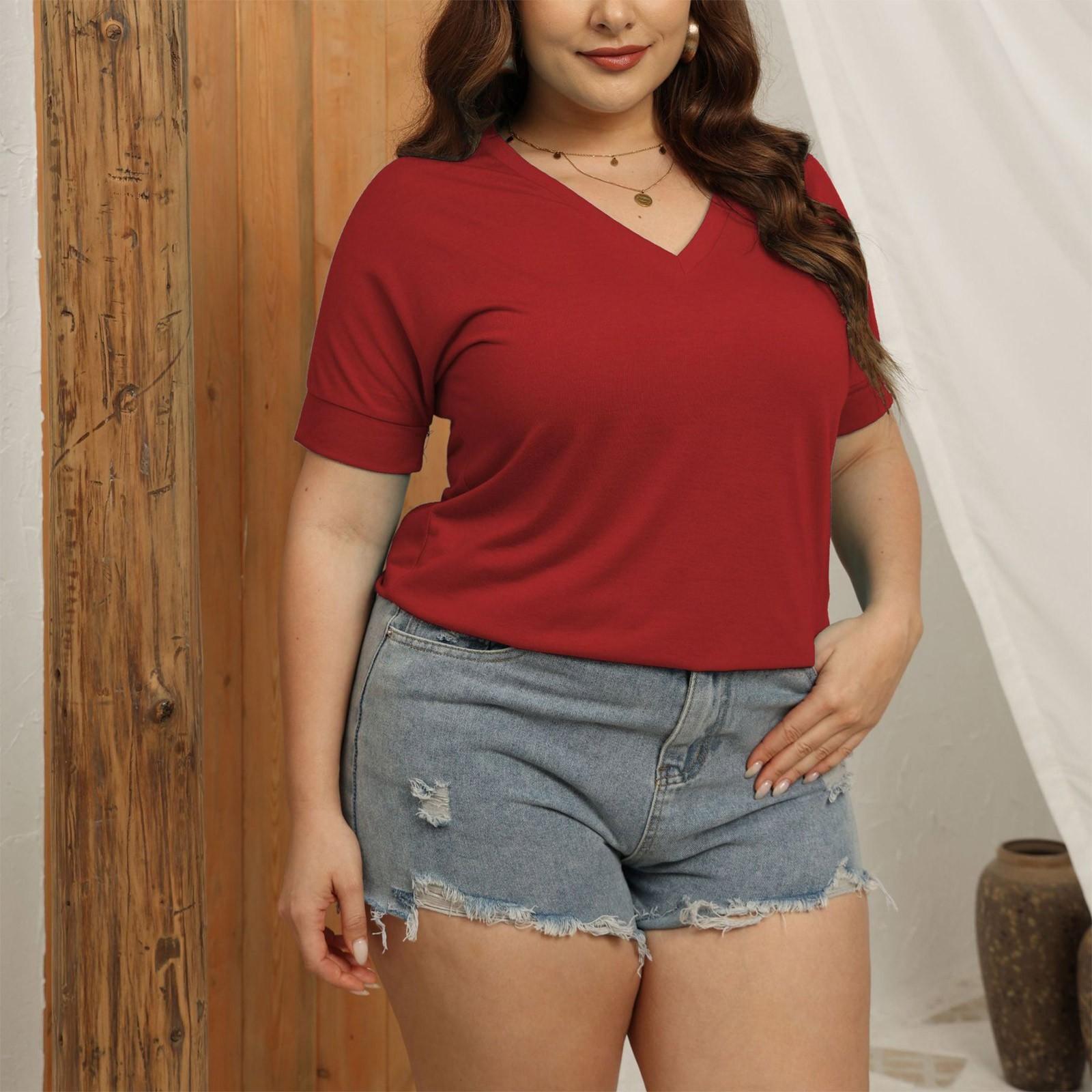 

Жіноча футболка великого розміру з короткими рукавами та V-подібним вирізом, повсякденним одягом, топом та розрізом збоку, великого розміру, що повсякденний XXXXXL винний