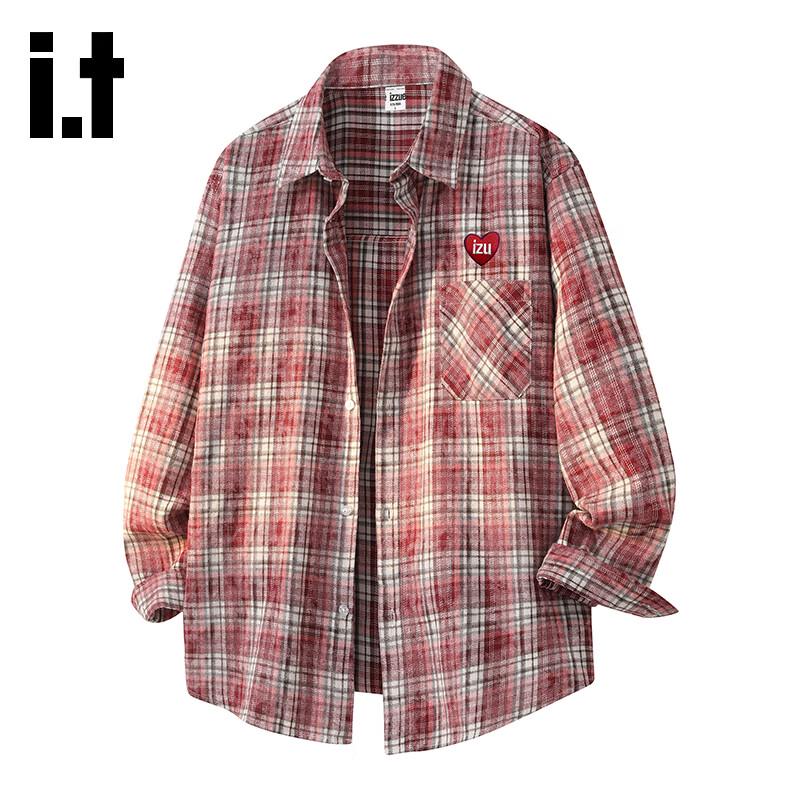 Izzue Unisex American Retro Plaid Long-Sleeve Shirt L