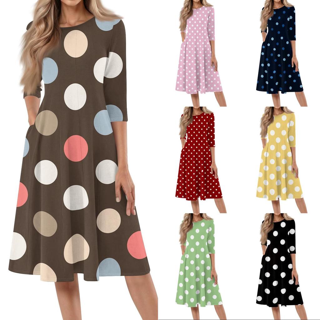 Women's Casual Fashion Round Neck Three Quarter Sleeve Polka Dot Printed Mid Length Dress Comfortable Loose Fit Everyday Wear