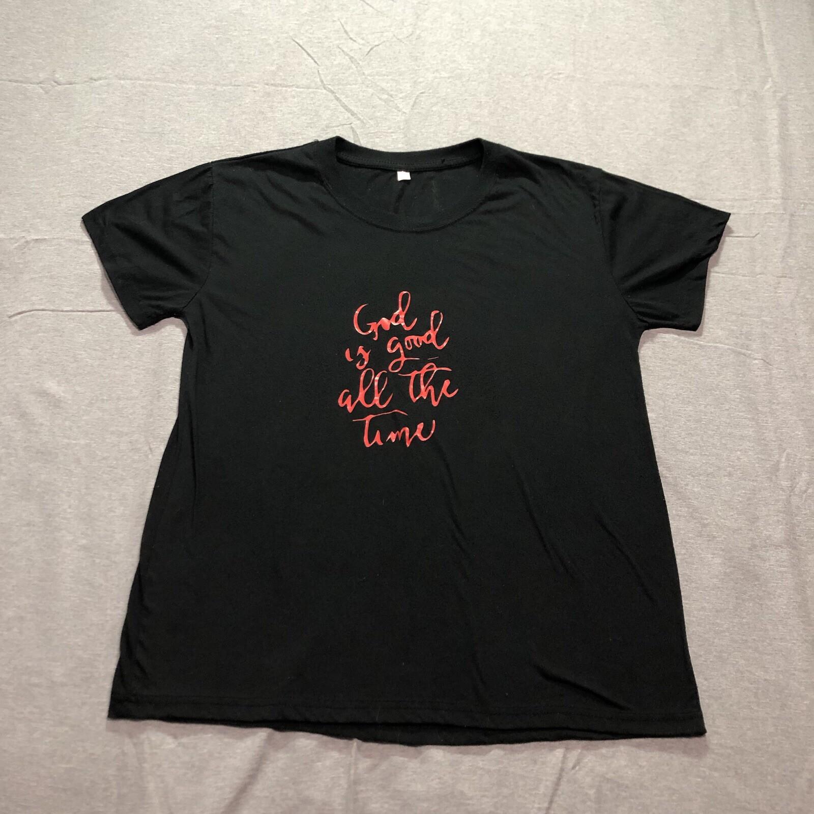 Womens T Shirt XL Casual Graphic Print God Is Good All The Time Lounge Black Tee XL