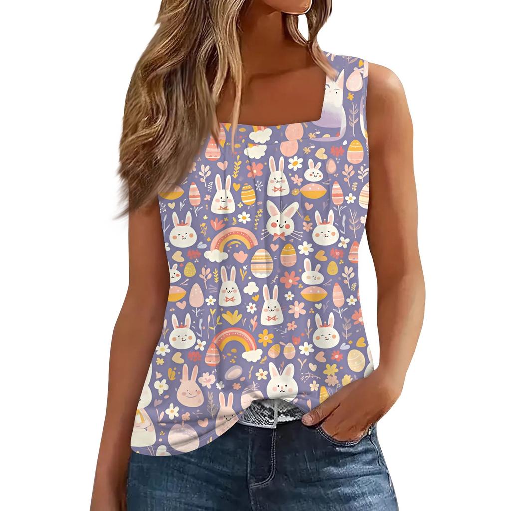 Women's Fashion Casual Pleated Square Collar Sleeveless Vest Print Summer T-shirt