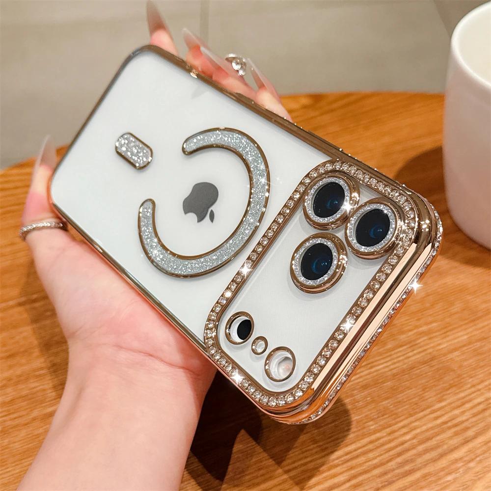 Película de Lente de Cristal Bling Para Magsafe Capa de Telefone Transparente para IPhone 17 16 15 11 12 13 14 Pro Max Plus 17Air 16e Capa Magnética