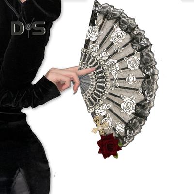 Vintage veer kant opvouwbare ventilator draagbare zomer rozen bloem kant hand gehouden ventilator decoratie dansvoorstelling rekwisieten feest kostuum accessoires