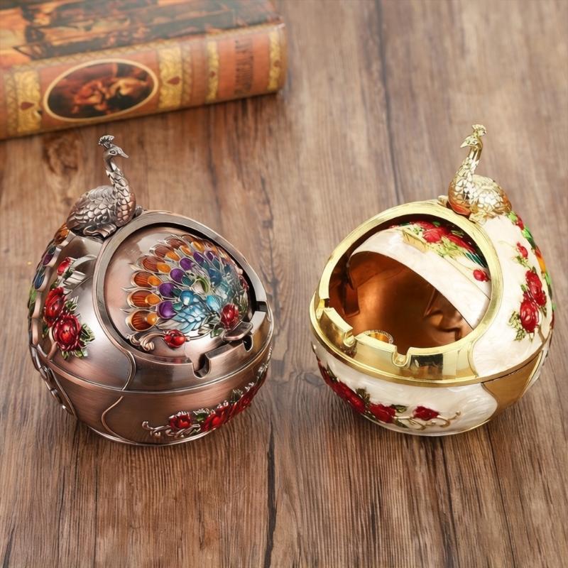 Home Office Ashtray with Covered Opening and Metal Body, Enclosed Bowl Design for Desk Balcony and Patio Use Daily