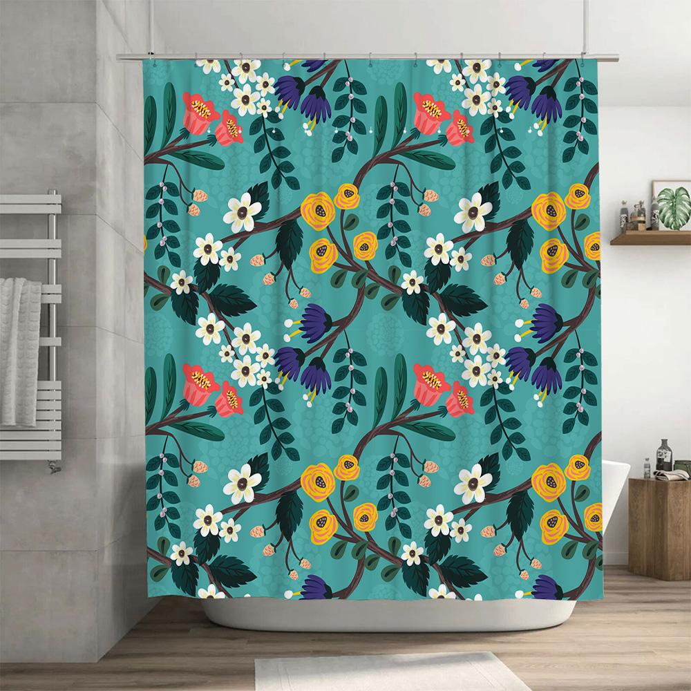 Bright Floral Shower Curtain Waterproof Fabric Bathroom Decor Blue Green Yellow Red White Flower Pattern Bath Rug Cover Size180x