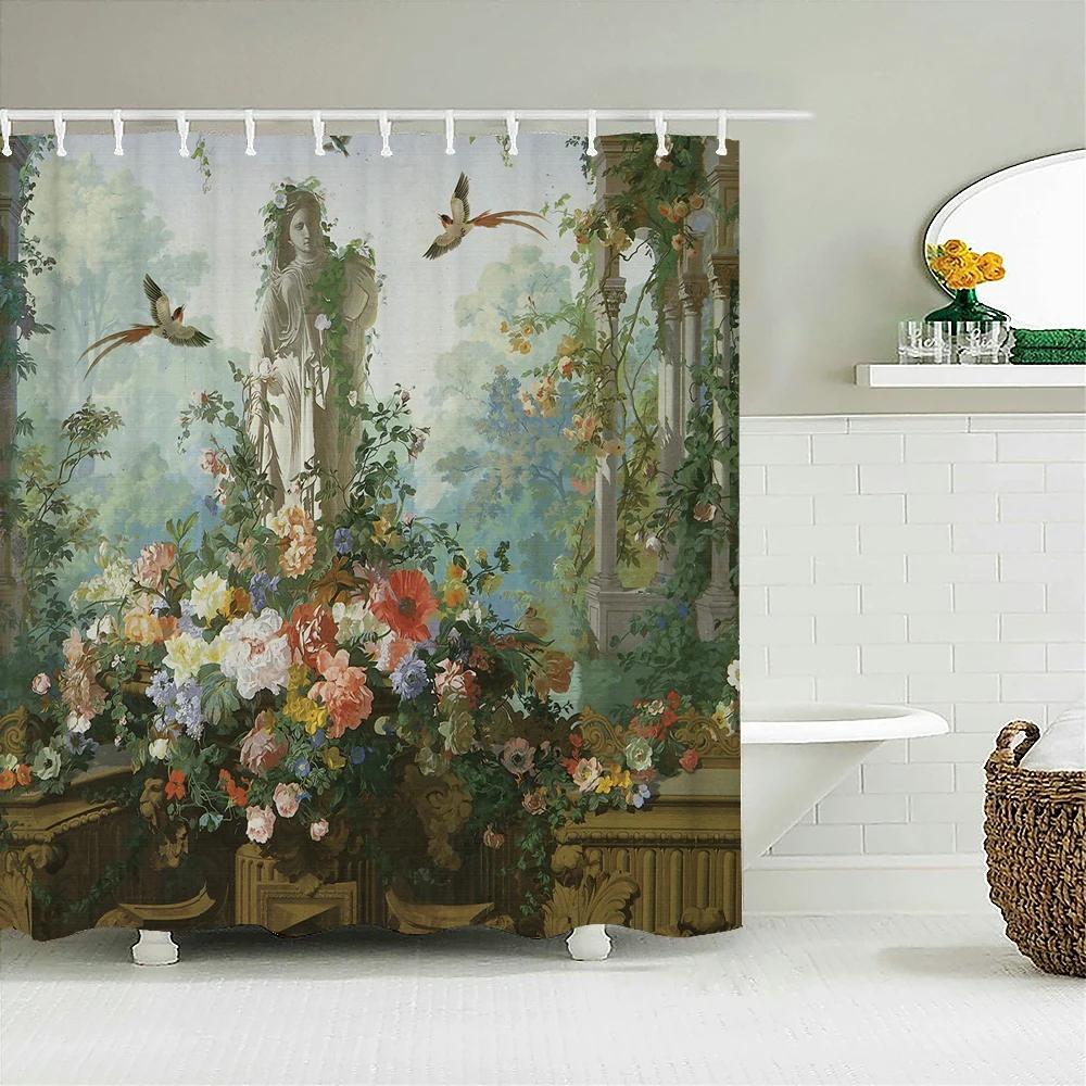 Tende da Doccia Angeli Stile Retro Europeo Tenda da Bagno Tessuto Impermeabile Decorazione Vasca da Bagno 180*180cm Tenda da Bagno Con Ganci