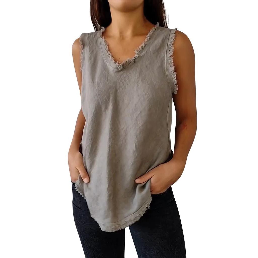 Women's Round Neck Sleeveless Tassel Patchwork Casual Color Loose Cotton Blouse