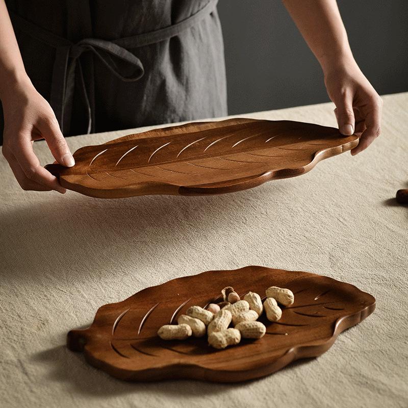 Japanese Acacia Wood Leaf-shaped Dinner Plate & Tea Tray for Snacks, Pastries, and Fruit