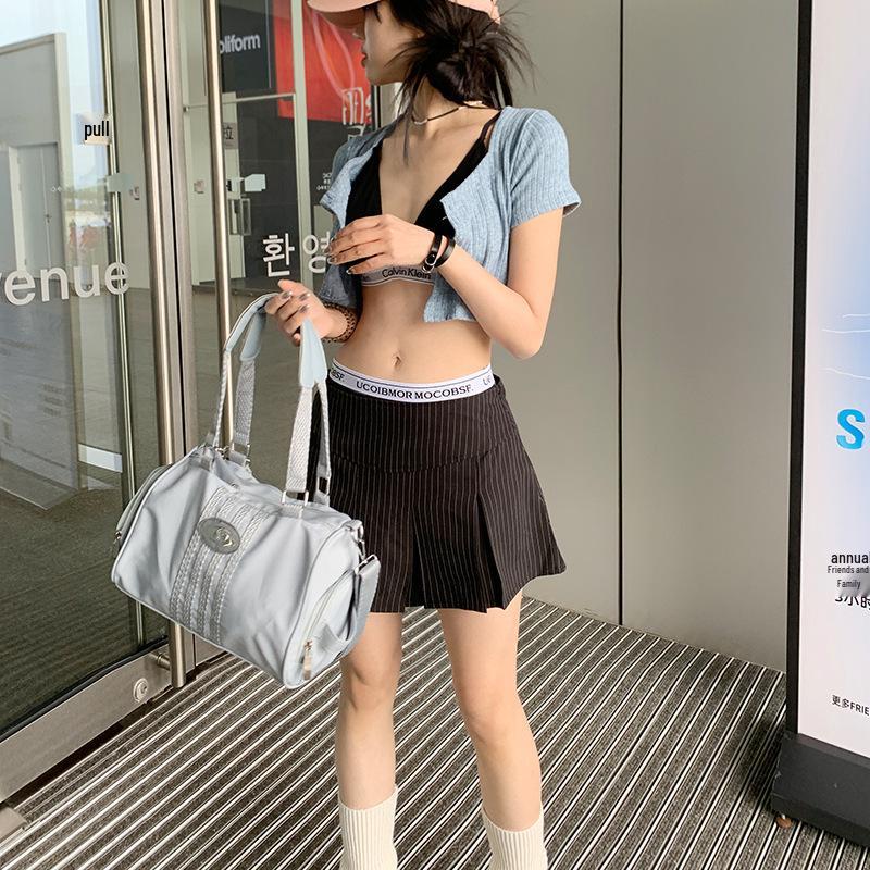 2025 Summer Preppy Black Pleated Mini Skirt with Elastic Waist, Two-Piece Look for Petite Figures