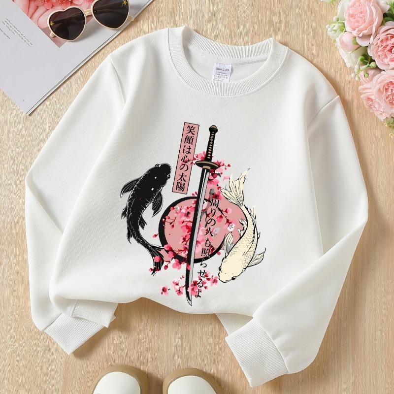 Kids Crewneck Long Sleeve Sweatshirt,Smiling Sun Sword Koi Cherry Blossom Print