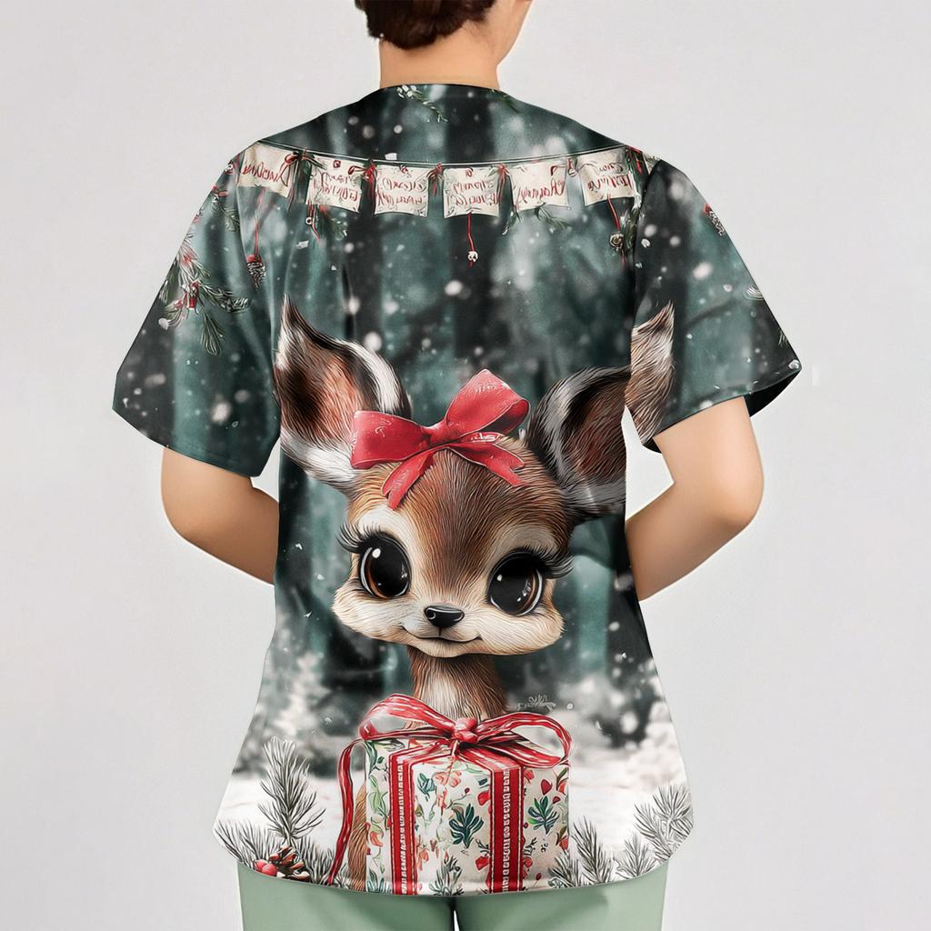 Dámský vánoční potisk volný výstřih do V kapsa krátký rukáv uniforma