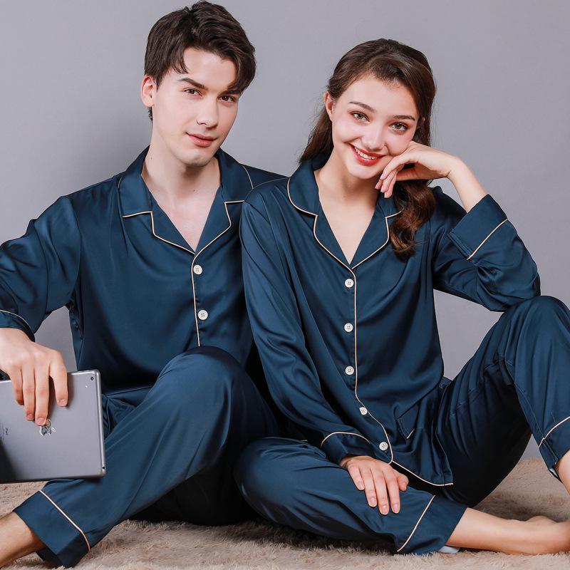 2024 Couple's Long Sleeve Pajama Set - Men's and Women's Imitation Silk for Spring and Autumn.