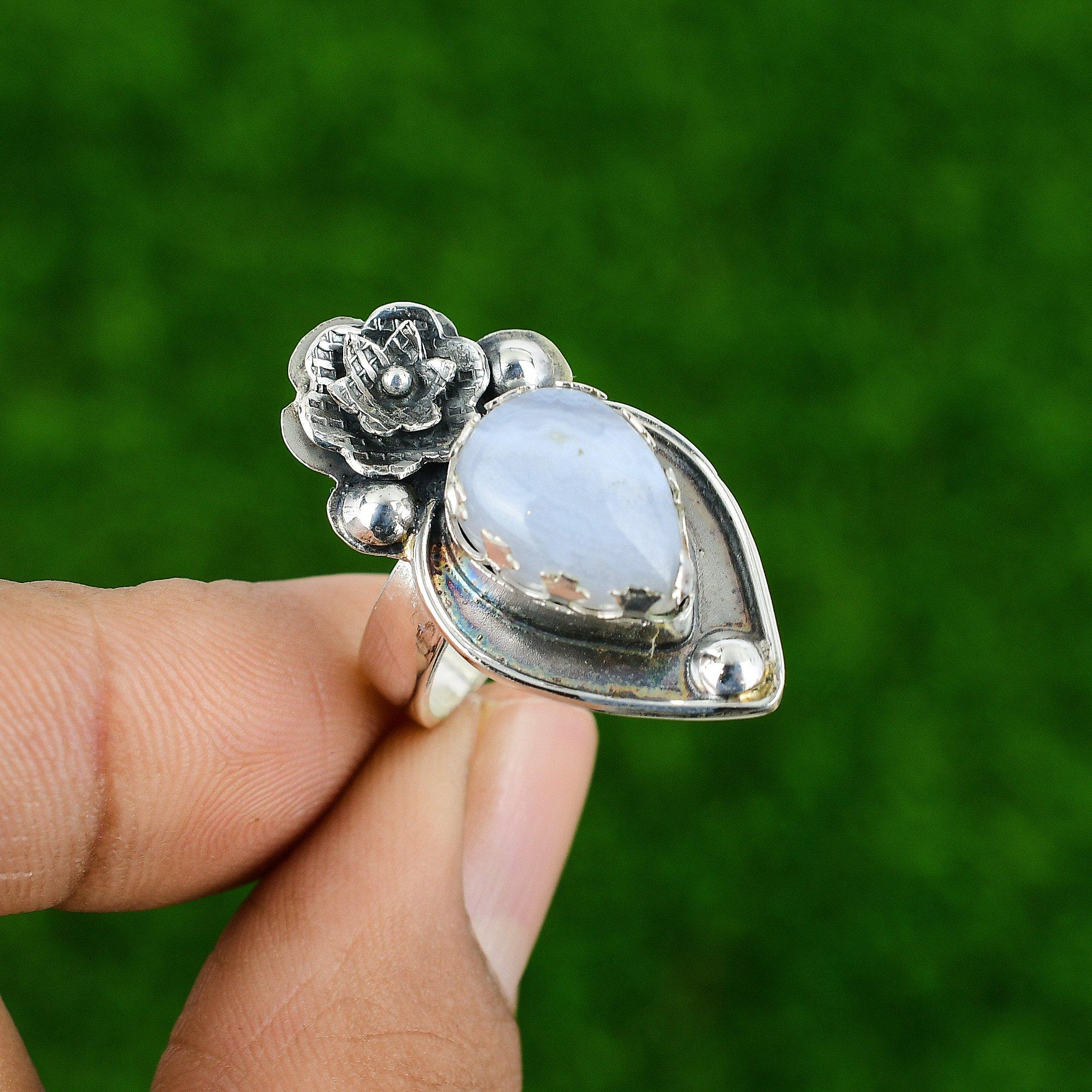 

Gift For Her Natural Blue Lace Agate Statement Flower Adjustable Ring 925 Silver Adjustable
