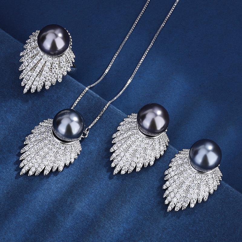 Huabi Jewelry Copper Bottom Gold-Plated Inlaid Fritillary Pearl Grey Pearl Set 12Mm