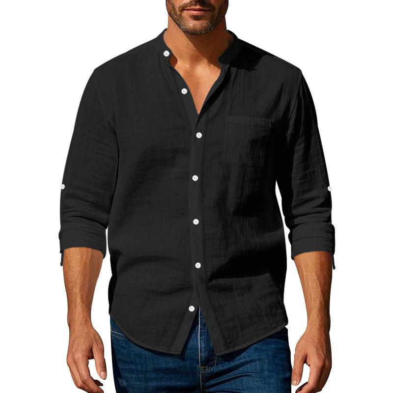 Fashionable Men's Linen Shirt Long-sleeved Stand Collar Breathable Casual Men's Style Chinese-style Pocket Shirt