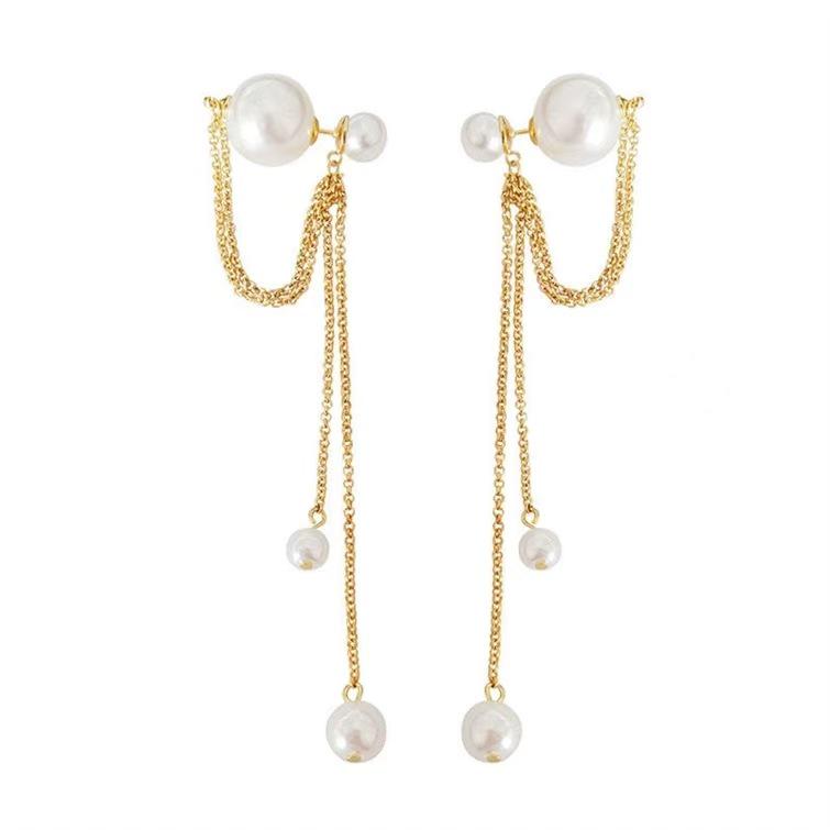 Korean Style Elegant Long Pearl Pendant Earrings for Women - S925 Sterling Silver Studs