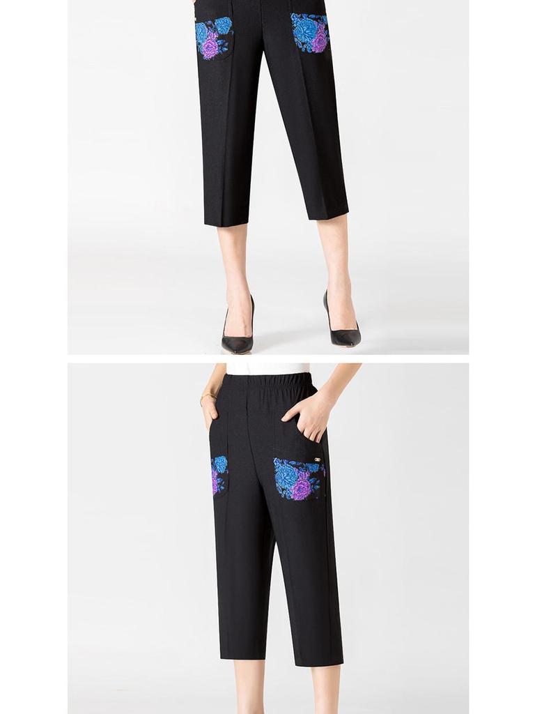 Women's Summer Mid-Length Loose Fit Pants with Embroidery - Plus Size for Middle-Aged and Elderly Moms