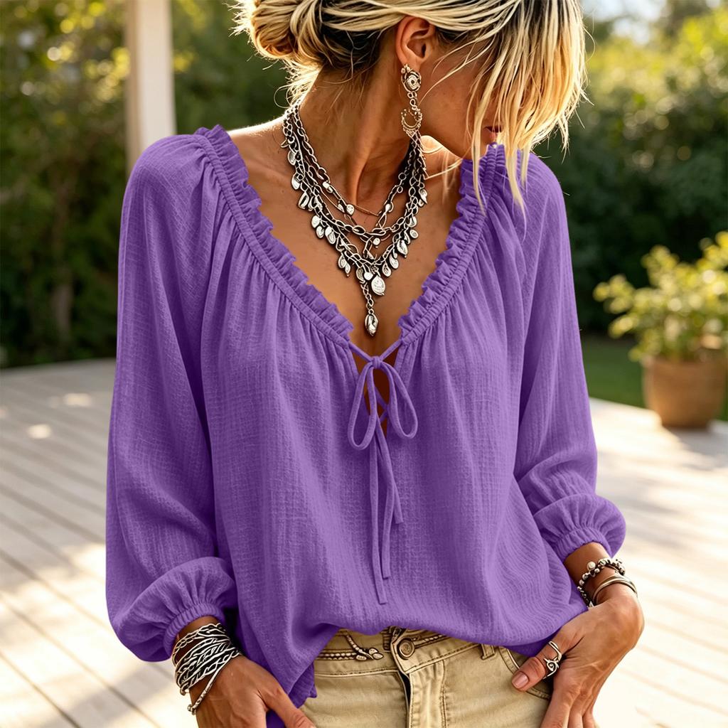 Women's Casual Long Sleeve V-Neck Top with Tie Front Ruffle