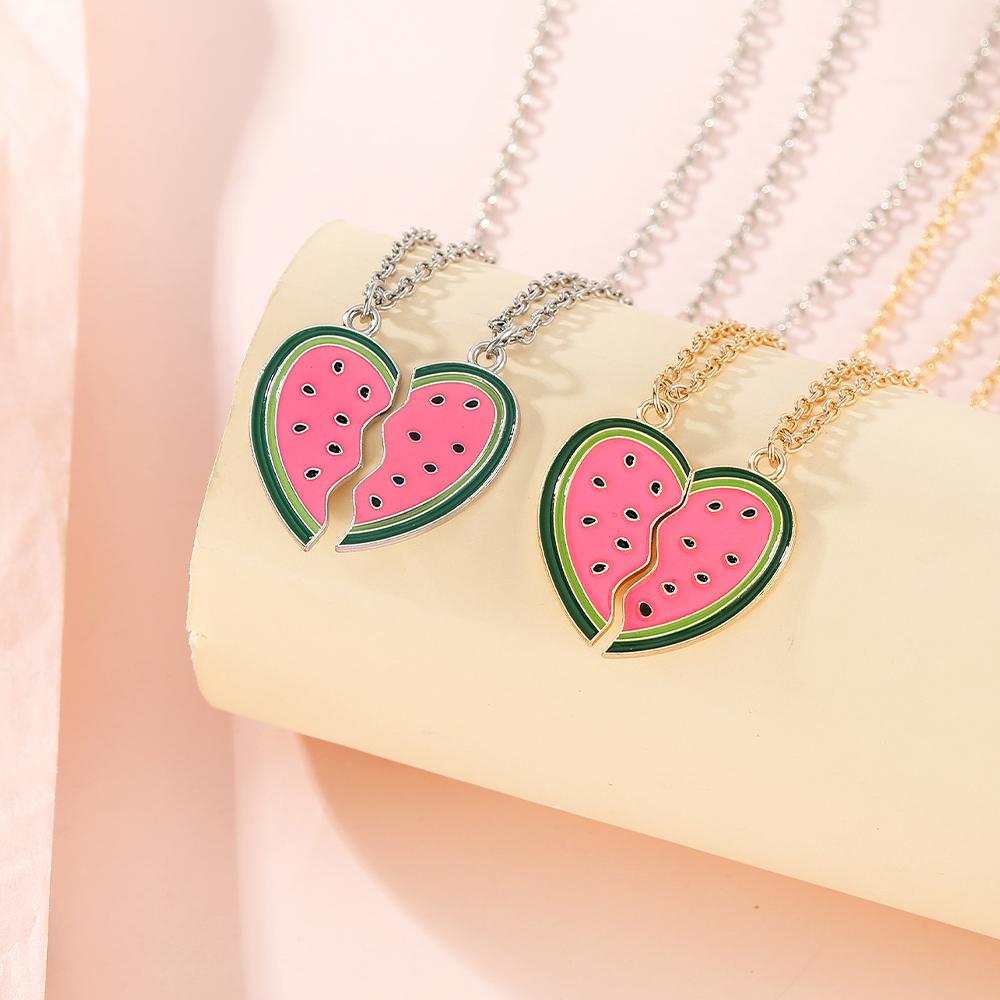 2 Stück/Set Süßes Sommer-Wassermelonen-Muster Herz-Puzzle Beste Freunde Halskette BFF Schmuck Für Frauen Mädchen Freundschaftsgeschenk