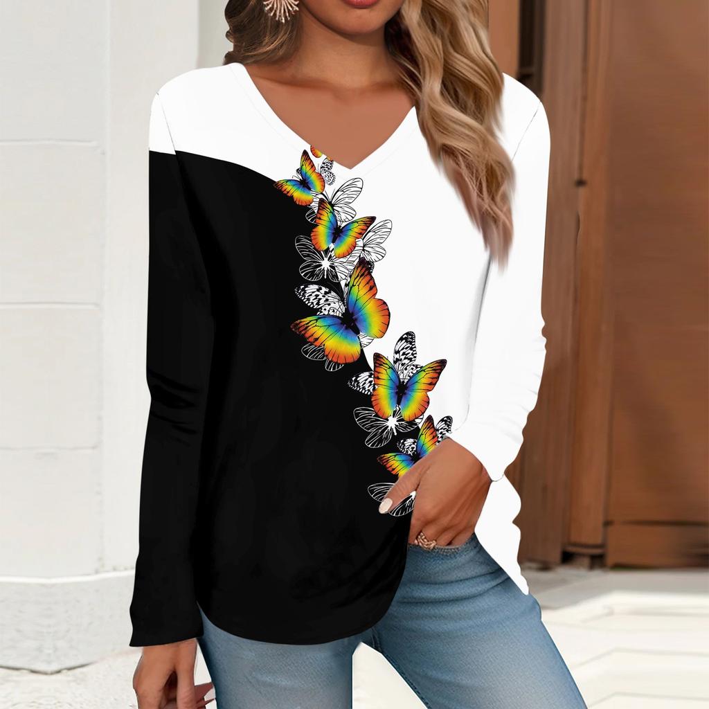 Women's T Shirt Tee Print Long Sleeve Daily Weekend Daily Basic V Neck Regular  Fall Winter Tops