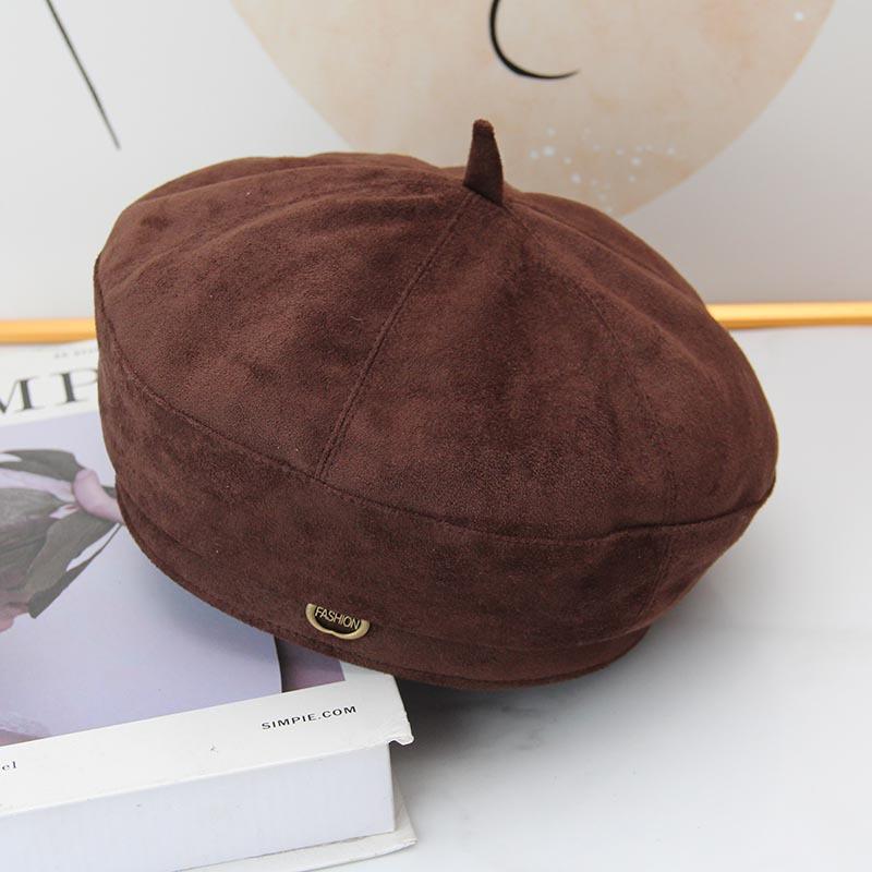 Suede Beret Women's Autumn and Winter British Retro Pumpkin Hat Metal Label Octagonal Hat Show Face Small Painter Newsboy Hat
