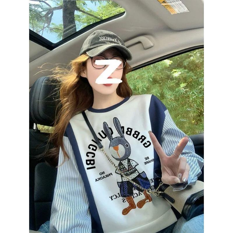 College Style Striped Shirt Sleeves Fake Two-piece T-shirt Sweatshirt for Women Spring and Autumn New Contrast Color Trendy Casual Top M синий